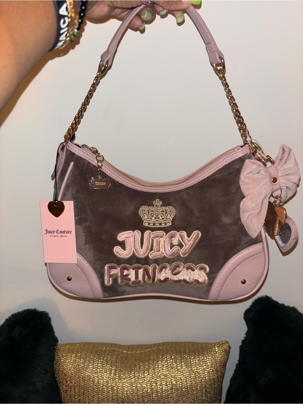 Juicy Couture Brown and Pink 'Juicy Princess' Velvet Shoulder Bag